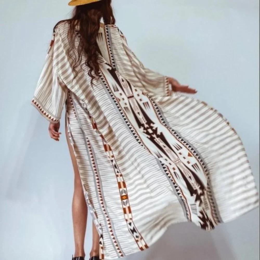 New Tribal Print Kimono Duster Maxi Robe Coverup - Picture 1 of 7